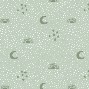 Boho universe sun moon and stars lunar magic summer spots Scandinavian style nursery neutral sage green