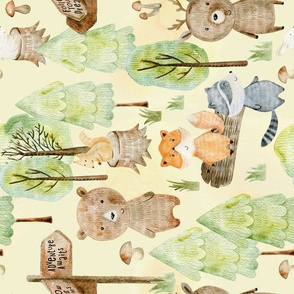10" Woodland Watercolor Animals - Baby Animal in green Forest  turned left