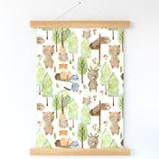 12" Woodland Watercolor Animals - Baby Animal in green Autumn Forest light background 