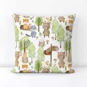 12" Woodland Watercolor Animals - Baby Animal in green Autumn Forest light background 