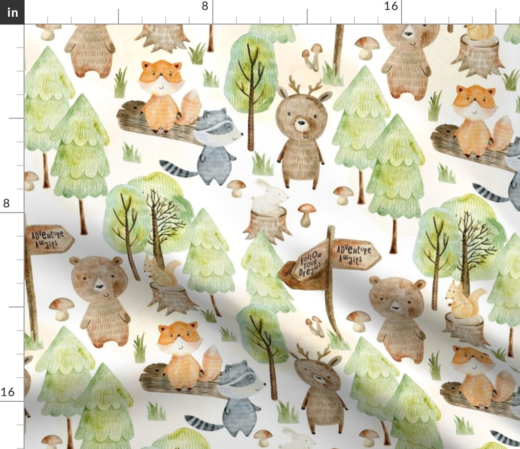12" Woodland Watercolor Animals - Baby Animal in green Autumn Forest light background 