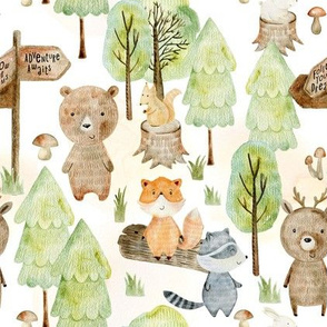 8" Woodland Watercolor Animals - Baby Animal in green Forest light background 