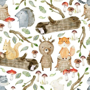 10" Woodland Watercolor Animals - Baby Animal in green Forest white background 