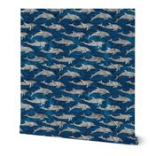 dolphins - nautical summer beach - watercolor grey on blue - LAD20