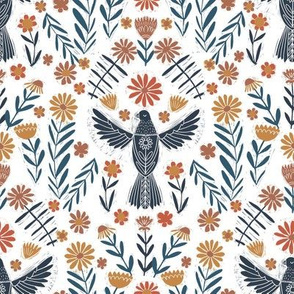 small folk bird fabric - bird fabric, bird wallpaper, linocut design by andrea lauren - navy and rust