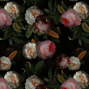 Small -  Vintage Summer Dark Night Romanticism:  Maximalism Moody Florals- Antiqued Pink And White Jan Davidsz. de Heem Roses Bouquets With Fern Leaves Nostalgic - Gothic Mystic Night-  Antique Botany Wallpaper and Victorian Goth Mystic inspired - black