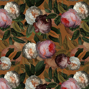 Small - Vintage Summer Dark Night Romanticism:  Maximalism Moody Florals- Antiqued Pink And White Jan Davidsz. de Heem Roses Bouquets With Fern Leaves Nostalgic - Gothic Mystic Night-  Antique Botany Wallpaper and Victorian Goth Mystic inspired - brown 