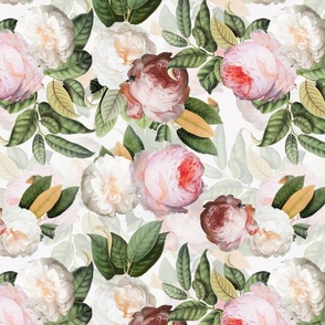 Small - Vintage Summer Romanticism:  Maximalism Moody Florals- Antiqued Pink And White Jan Davidsz. de Heem Roses Bouquets With Fern Leaves Nostalgic - Gothic Mystic -  Antique Botany Wallpaper and Victorian Goth Mystic inspired - white background
