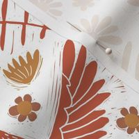 LARGE folk bird fabric - bird fabric, bird wallpaper, linocut design by andrea lauren - rust