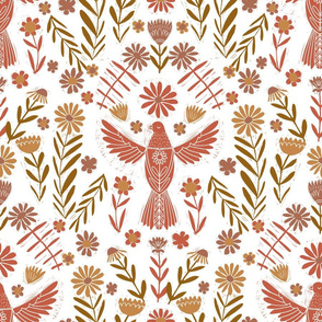 LARGE folk bird fabric - bird fabric, bird wallpaper, linocut design by andrea lauren - rust