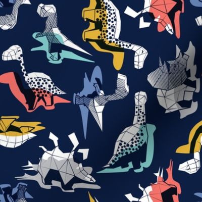 Small scale // Geometric Dinos // non directional design navy blue background multicoloured dinosaurs shadows