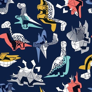 Small scale // Geometric Dinos // non directional design navy blue background multicoloured dinosaurs shadows