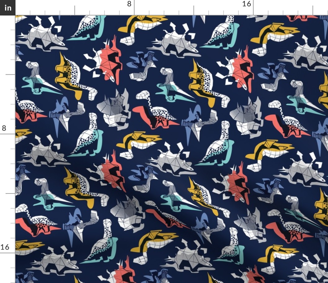 Small scale // Geometric Dinos // non directional design navy blue background multicoloured dinosaurs shadows