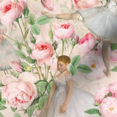 14" Ballet Practice - Edgar Degas Ballerinas With Pink Roses - pink