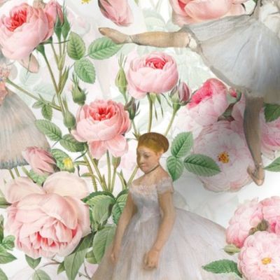 14" Ballet Practice - Edgar Degas Ballerinas With Pink Roses -  white