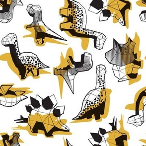 Small scale // Geometric Dinos // non directional design white background yellow mustard dinosaurs shadows