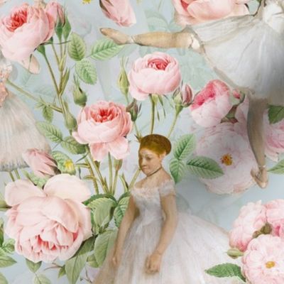 14" Ballet Practice - Edgar Degas Ballerinas With Pink Roses - teal