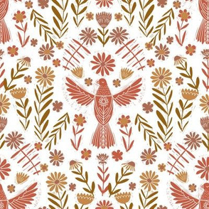 small folk bird fabric - bird fabric, bird wallpaper, linocut design by andrea lauren - rust