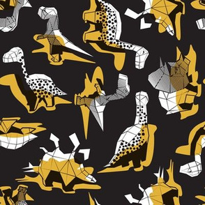 Small scale // Geometric Dinos // non directional design black background yellow mustard dinosaurs shadows