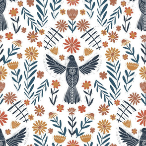 LARGE folk bird fabric - bird fabric, bird wallpaper, linocut design by andrea lauren - rust and blue