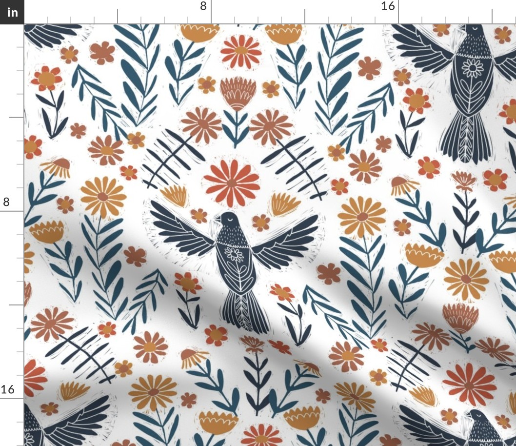 LARGE folk bird fabric - bird fabric, bird wallpaper, linocut design by andrea lauren - rust and blue