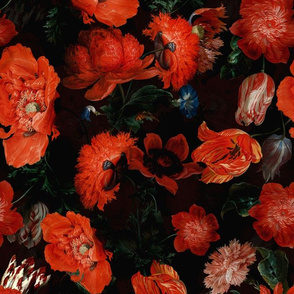 14" Jan Davidsz. de Heem Vintage Flemish antiqued Poppies, Antique Flowers Pattern black