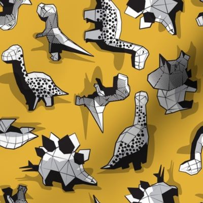 Small scale // Geometric Dinos // non directional design mustard yellow background black and white dinosaurs