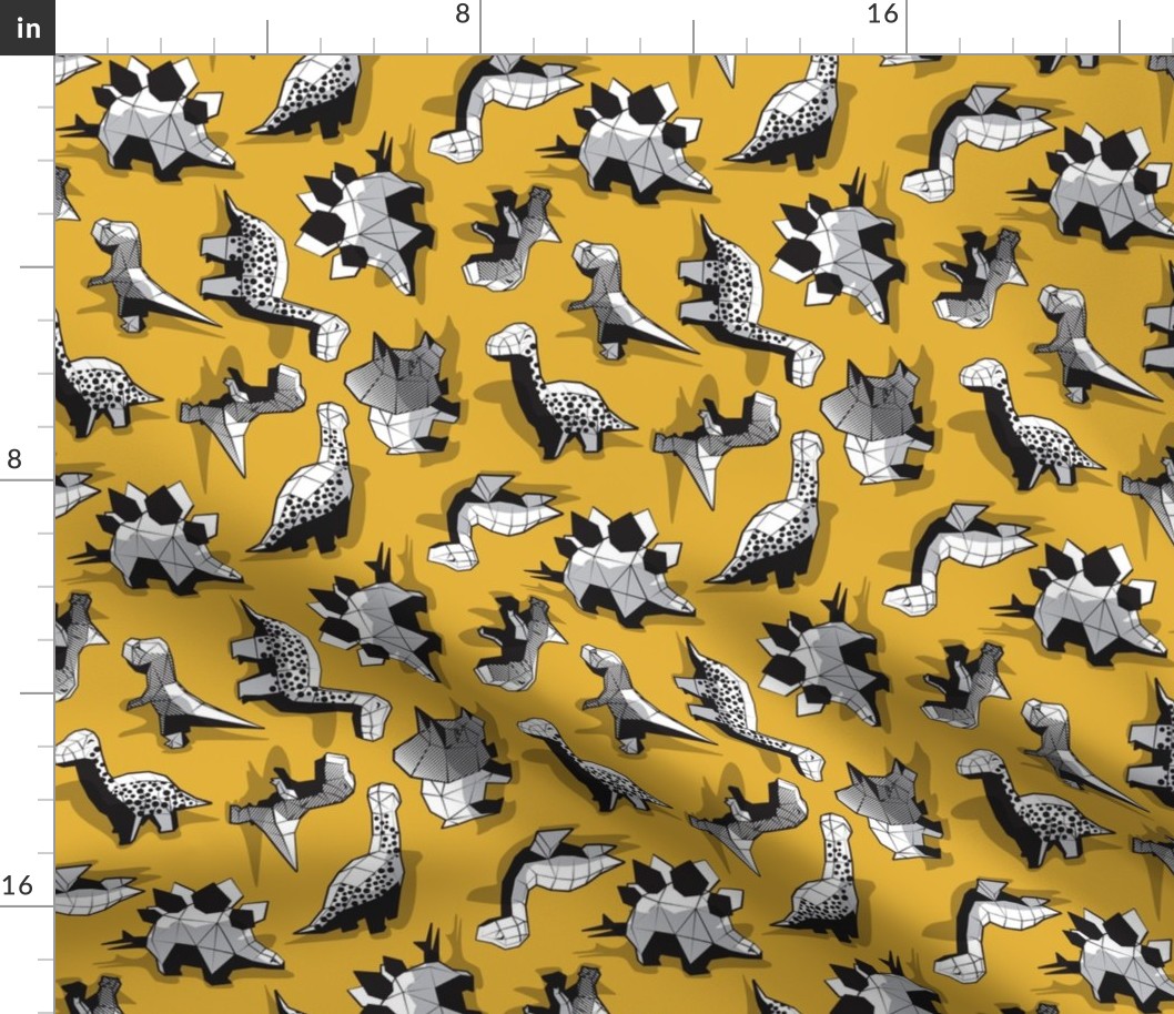 Small scale // Geometric Dinos // non directional design mustard yellow background black and white dinosaurs