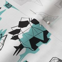Small scale // Geometric Dinos // non directional design white background mint dinosaurs shadows
