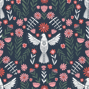 LARGE folk bird fabric - bird fabric, bird wallpaper, linocut design by andrea lauren - navy