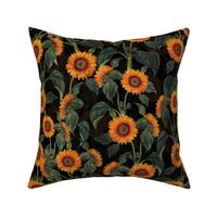 14" Vintage Sunflowers on black  sunflower fabric, sunflowers fabric 