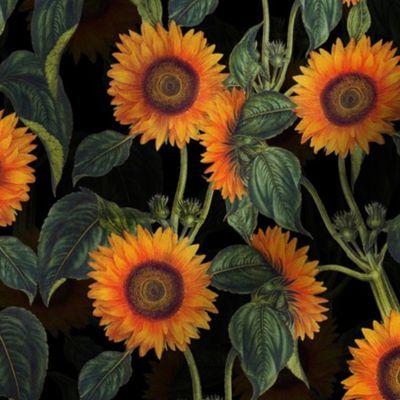 14" Vintage Sunflowers on black  sunflower fabric, sunflowers fabric 