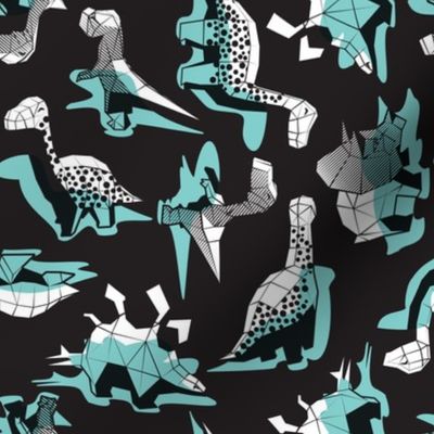 Small scale // Geometric Dinos // non directional design black background mint dinosaurs shadows