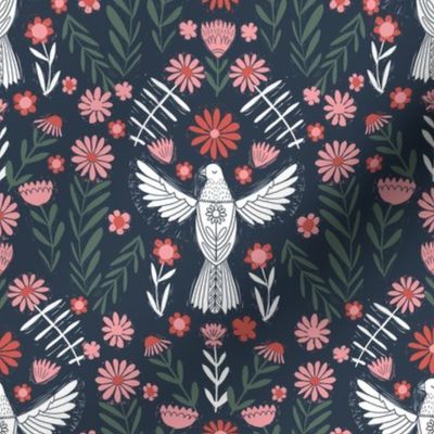 small folk bird fabric - bird fabric, bird wallpaper, linocut design by andrea lauren - navy