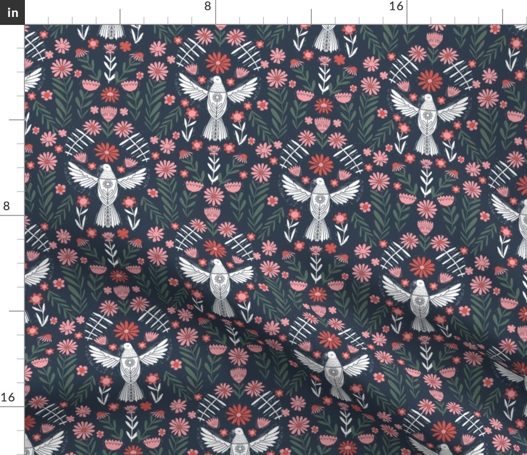 small folk bird fabric - bird fabric, bird wallpaper, linocut design by andrea lauren - navy