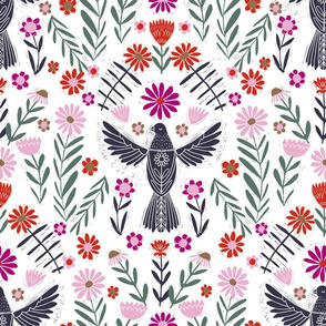 LARGE folk bird fabric - bird fabric, bird wallpaper, linocut design by andrea lauren - 