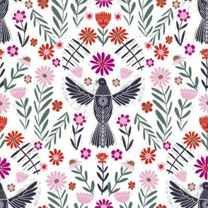 small folk bird fabric - bird fabric, bird wallpaper, linocut design by andrea lauren - purple