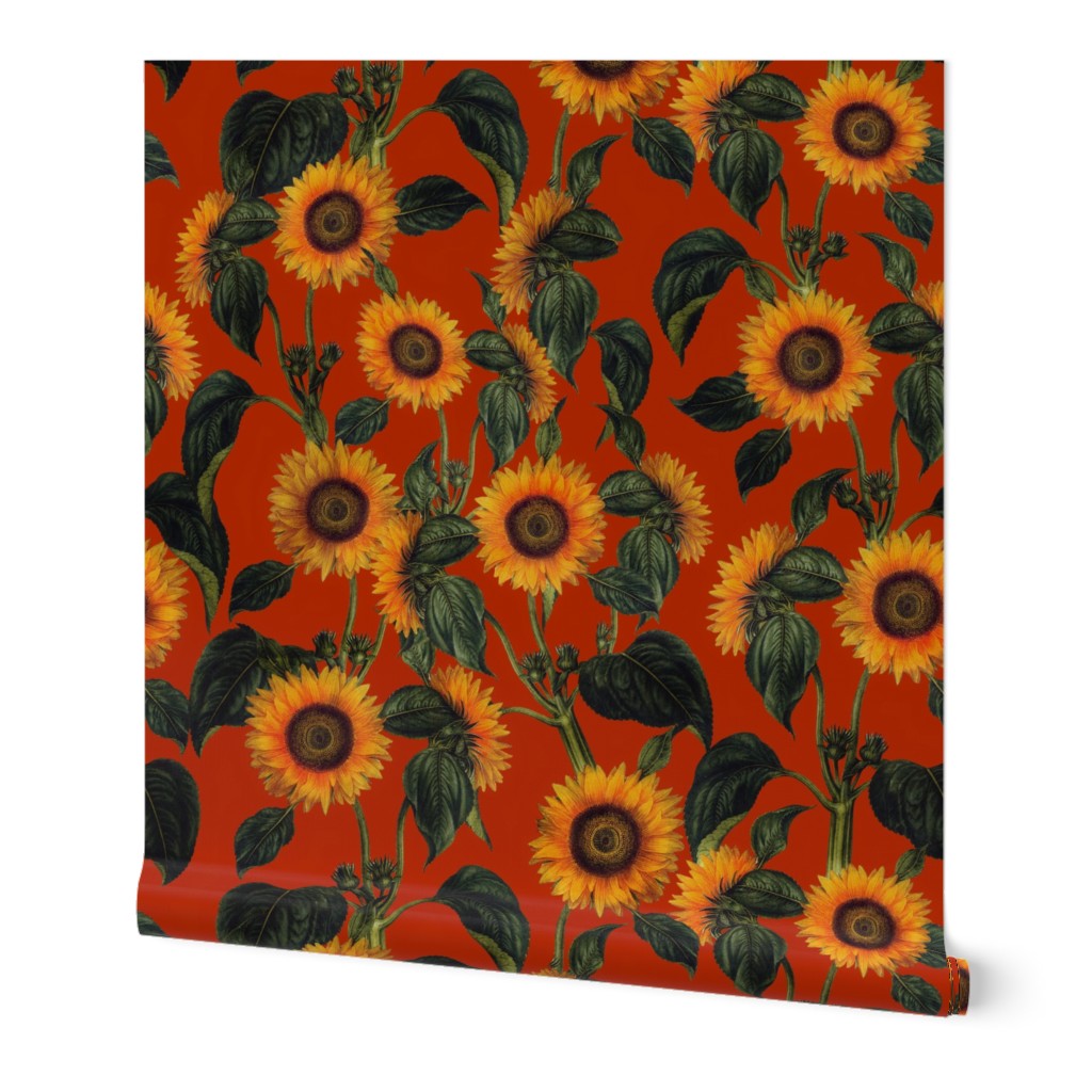 14" Vintage Sunflowers on rust copper brown  sunflower fabric, sunflowers fabric 