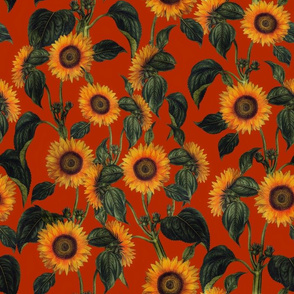 14" Vintage Sunflowers on rust copper brown  sunflower fabric, sunflowers fabric 