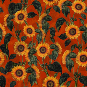 14" Vintage Sunflowers on rust brown  sunflower fabric, sunflowers fabric 
