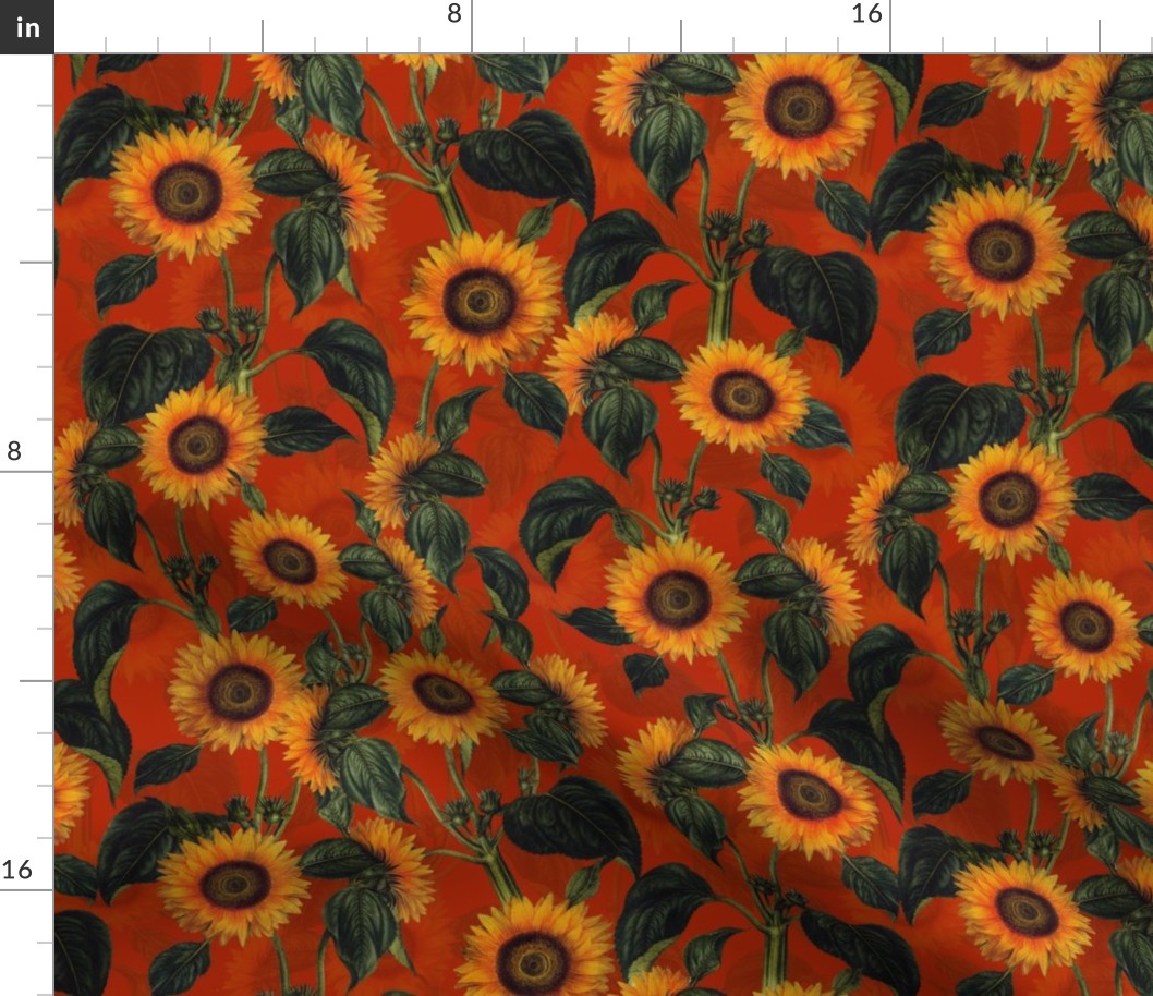 14" Vintage Sunflowers on rust brown  sunflower fabric, sunflowers fabric 