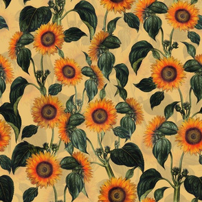 14" Vintage Sunflowers on yellow  sunflower fabric, sunflowers fabric 