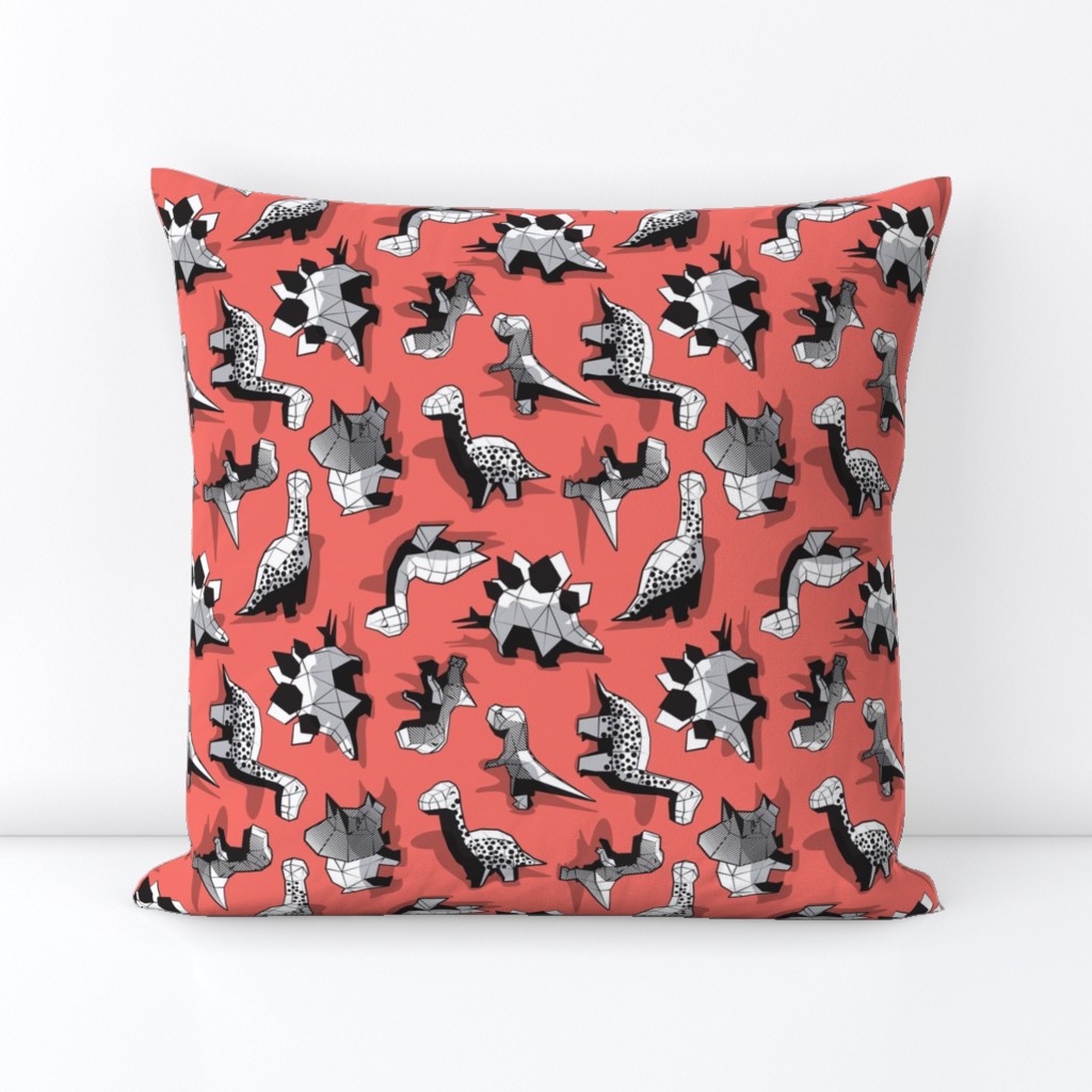 Small scale // Geometric Dinos // non directional design coral background black and white dinosaurs