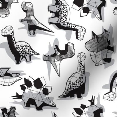 Small scale // Geometric Dinos // non directional design white background grey dinosaurs shadows