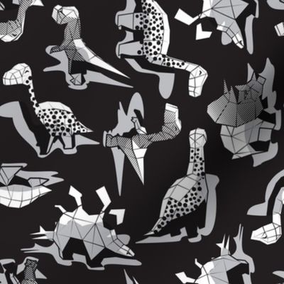 Small scale // Geometric Dinos // non directional design black background grey dinosaurs shadows