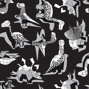 Small scale // Geometric Dinos // non directional design black background grey dinosaurs shadows