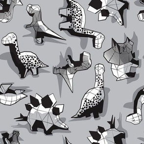 Small scale // Geometric Dinos // non directional design grey background black and white dinosaurs