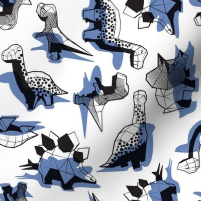 Small scale // Geometric Dinos // non directional design white background blue dinosaurs shadows