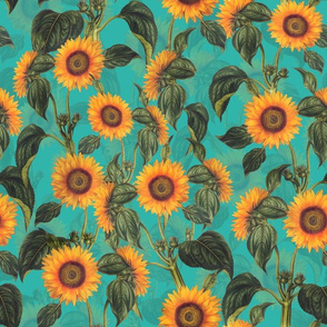 14" Vintage Sunflowers on Teal sunflower fabric, sunflowers fabric