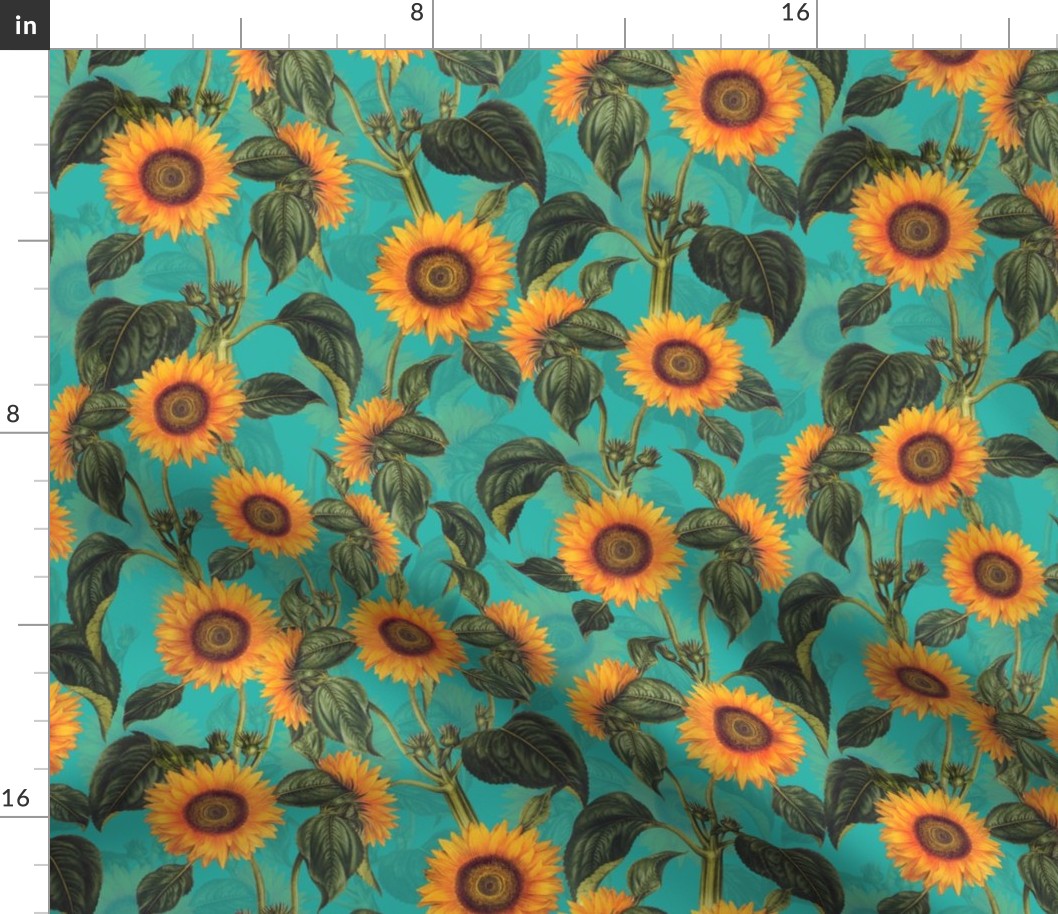 14" Vintage Sunflowers on Teal sunflower fabric, sunflowers fabric
